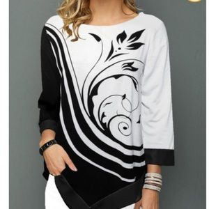 Asymmetric Hem Flower Print 3/4 Sleeve T Shirt
